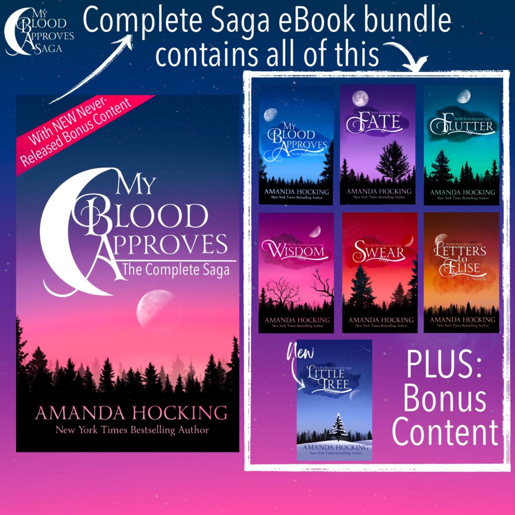 Covers of all the books included the My Blood Approves: Complete Saga - My Blood Approves, Fate, Flutter, Wisdom, Swear, Letters to Elise, and NEW short story Little Tree. 